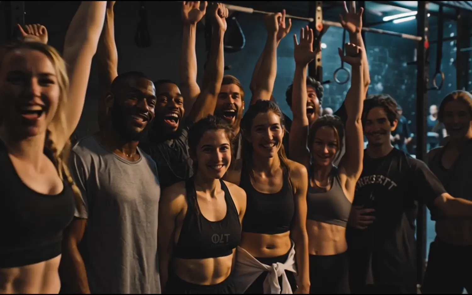 Turma comemorando junta ao fim do treino