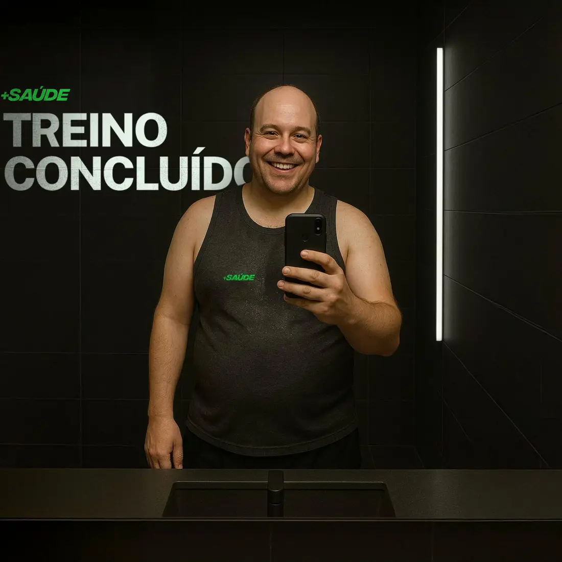 Aluno tirando foto no espelho da unidade com a frase Treino concluído